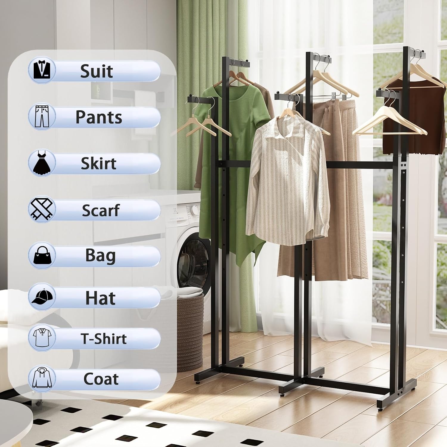 Black Clothes Rack with 6 Straight Arms, Metal Clothing Rack for Hanging Clothes, Freestanding Garment Rack Heavy Duty, 46' to 63' Adjustable Height Retail Clothing Rack for Boutiques Display
