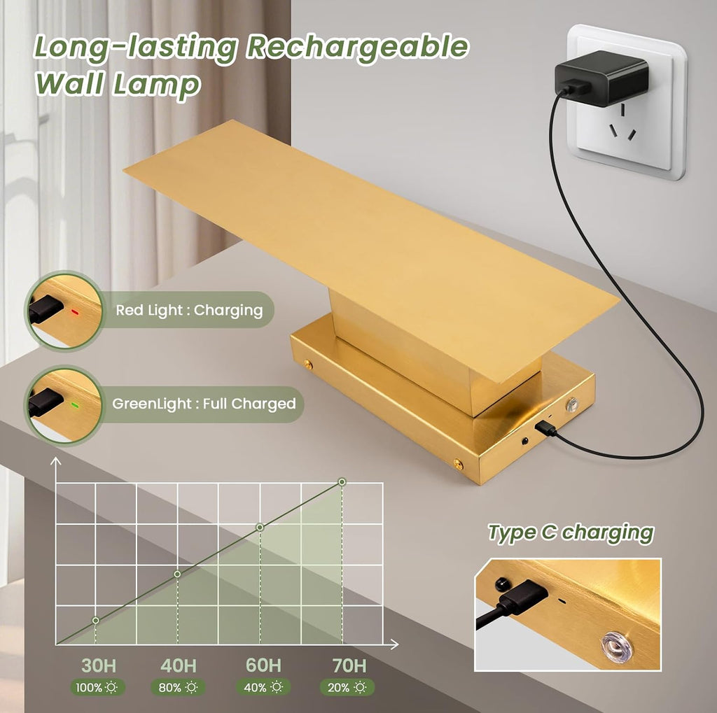 Gold Wireless Wall Sconces Set of Two,3000K-6000K Dimmable Battery Operated Wall Sconce with Remote,USB Rechargeable LED Wall Lights for Living Room Bedroom Hallway