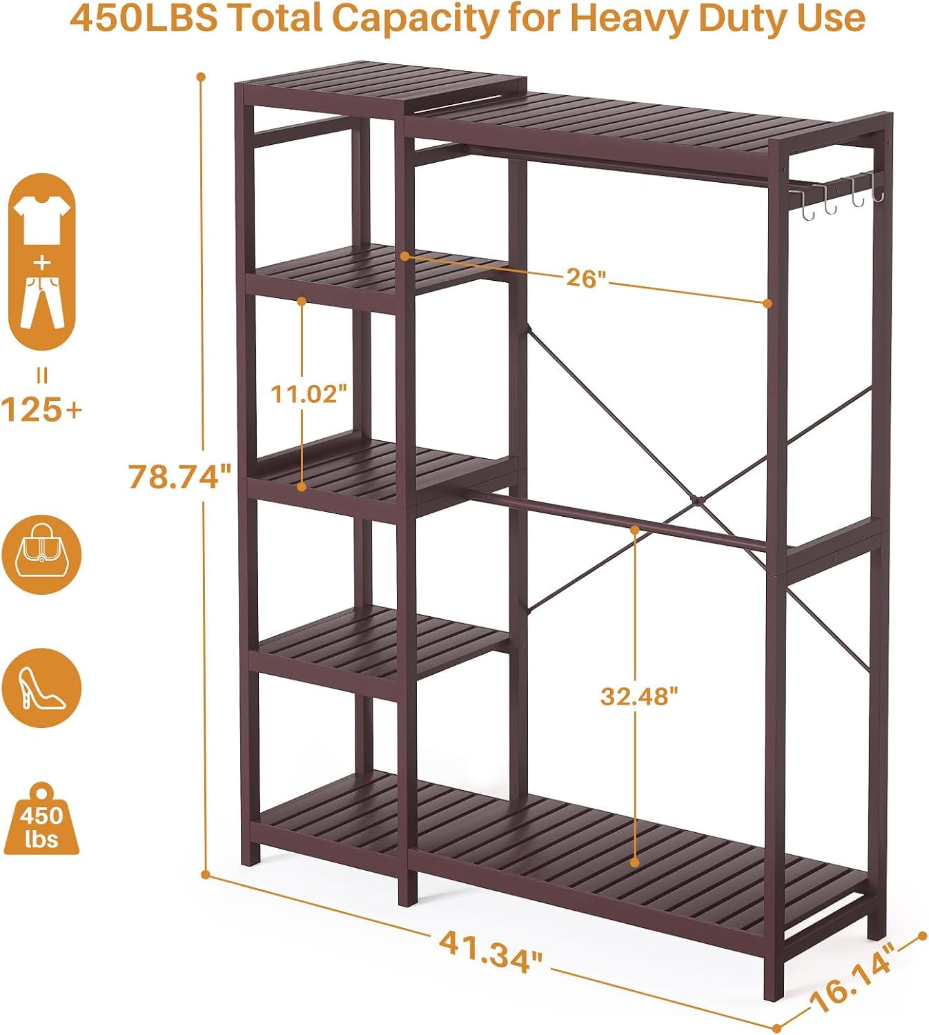 Homykic Closet System Set of 2, Bamboo Clothing Rack for Hanging Clothes with 14 Adjustable Shelves & 4 Rods, Freestanding Clothes Rack with 4 Hooks, Open Wardrobe Organizer Garment Rack, Espresso