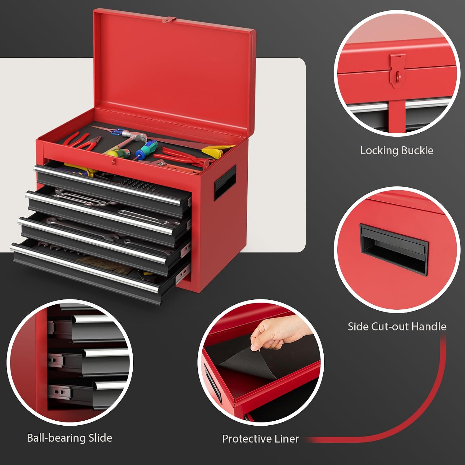 IRONMAX 5-Drawer Rolling Tool Chest, 2-in-1 Detachable Heavy Duty Tool Box Storage Cabinet with Auto Lock, Adjustable Shelf & Hooks, Metal Toolbox on Wheels for Garage Workshop (Black & Red)