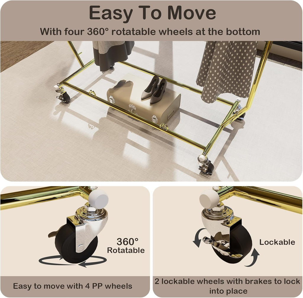 Collapsible Gold Clothes Rack Single Clothing Racks For Hanging Clothes Metal Clothing Hanging Rack Commercial Garment Rack With Wheels For Bedroom Balcony