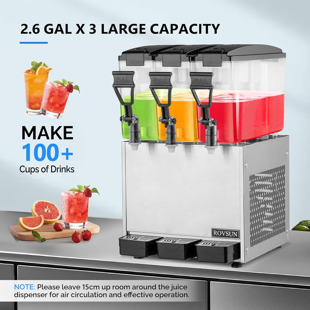 ROVSUN Commercial Juice Dispenser 2.6Gal X 3 Tanks, Cold Drink Dispenser Commercial Beverage Dispenser Stainless Steel with Thermostat Controller for Home Restaurant Bar Party 110V/60HZ