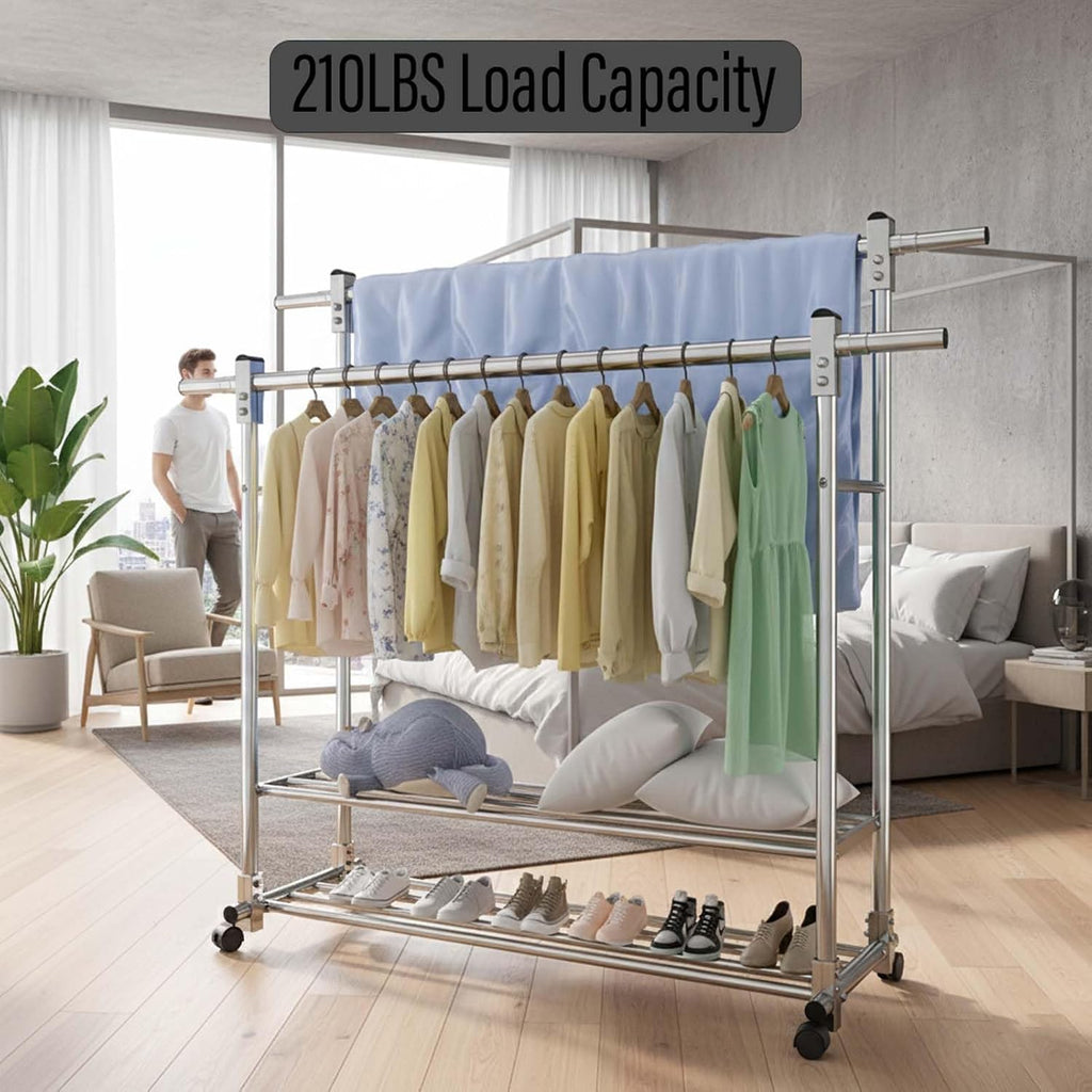 YSUEFIJO Mobile Stainless Steel Laundry Hanger, Double Bars Telescopic Extendable Clothes Drying Rack, Foldable Clothes Organizer, Garment Rack with Wheels, Indoor Outdoor Use
