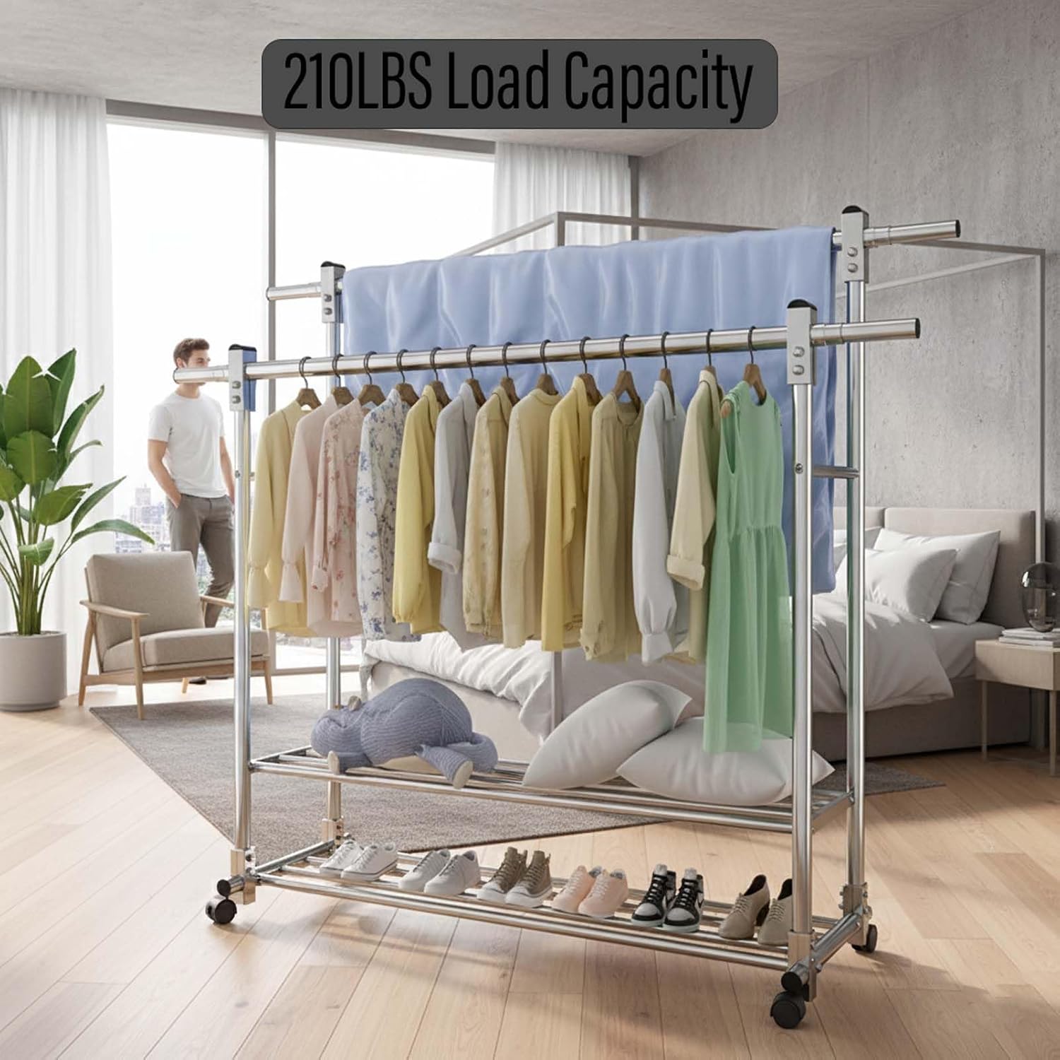 YSUEFIJO Mobile Stainless Steel Laundry Hanger, Double Bars Telescopic Extendable Clothes Drying Rack, Foldable Clothes Organizer, Garment Rack with Wheels, Indoor Outdoor Use