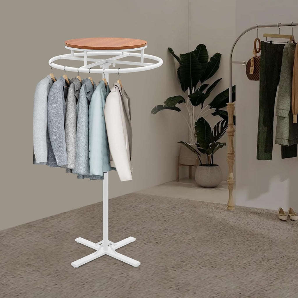 Round Garment Racks for Hanging Clothes 360° Rotary Clothes Display Rack 27.56' Diameter Freestanding Retail Display Stand Commercial Clothing Organizer Clothes Shelf for Retail Boutiques (White)