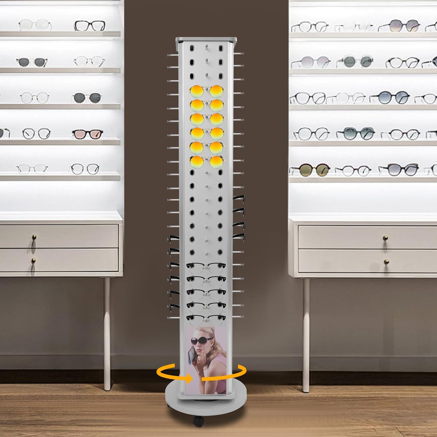 Rotating Sunglasses Display Stand, 84 Pair Glasses Display Rack, Sunglasses Holder Organizer, Eyeglass Turning Stand for Multiple Glasses, Reading Glasses with Storage Cabinet and Wheels for Glass Store