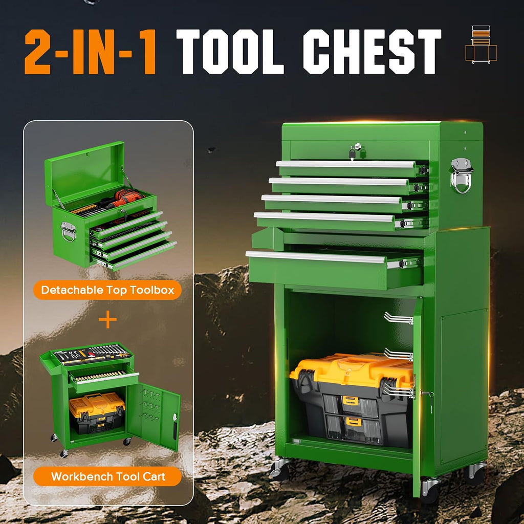 Incbruce 5-Drawer Metal Rolling Tool Chest, High Capacity Toolbox Organizer with Wheels, Detachable Tool Cabinet Top for Mechanics Garage and Workshop (Green)