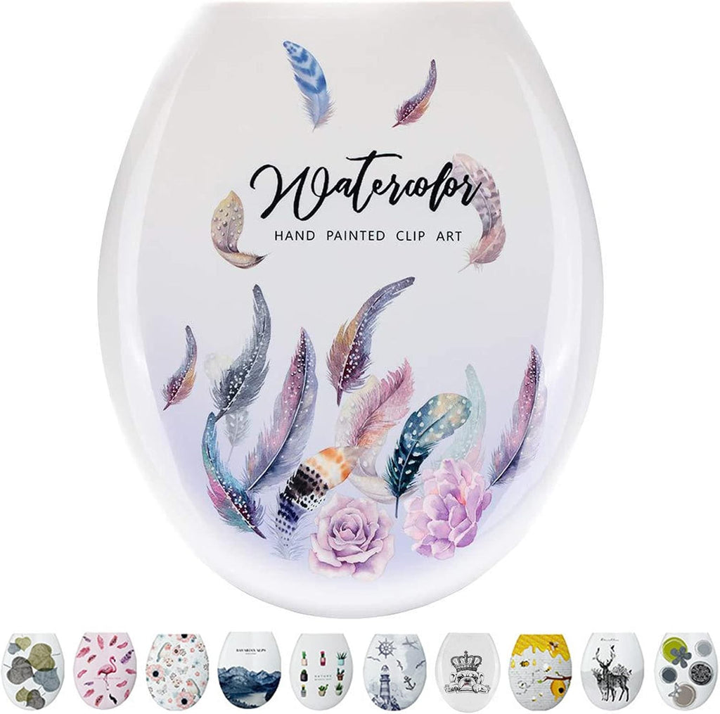 Toilet Seat Toilet Seat White Soft Close, Simple Top Fixing, Oval Shape Toilet Lid Loo Seat(Flower and Bird)