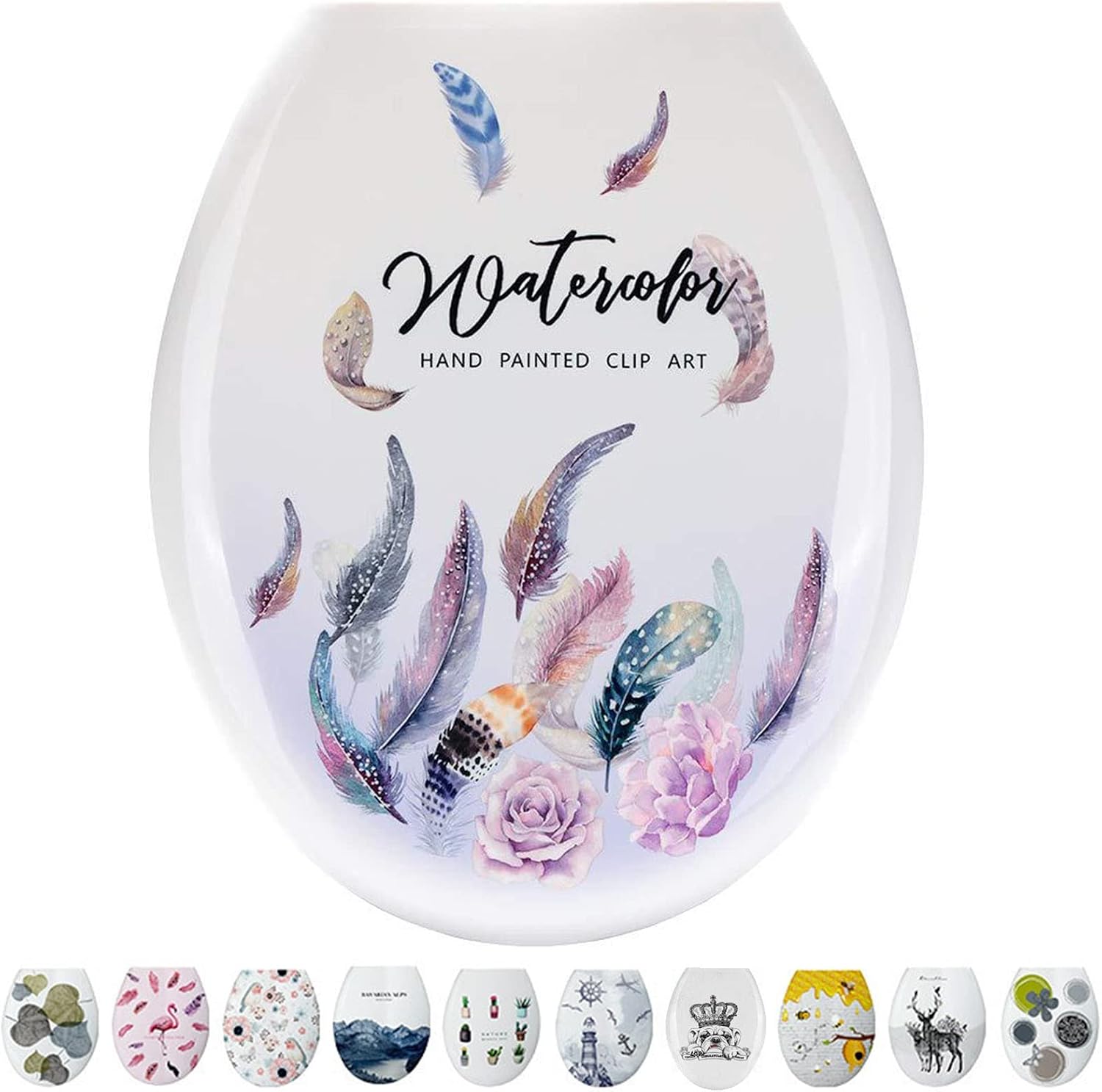 Toilet Seat Toilet Seat White Soft Close, Simple Top Fixing, Oval Shape Toilet Lid Loo Seat(Flower and Bird)