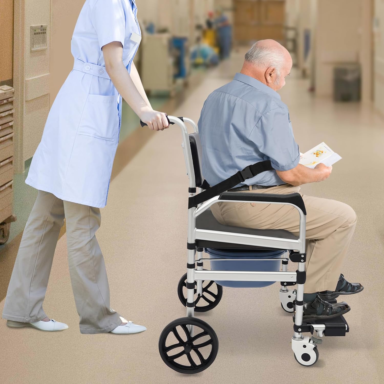 Foldable Shower Chair with Wheels, Rolling Shower Wheelchair Bedside Commode Chair with Arms, Portable Height Adjustable Bathroom Shower Chair for Seniors Adult Disabled (O-Shaped, with Sofa Cushion)