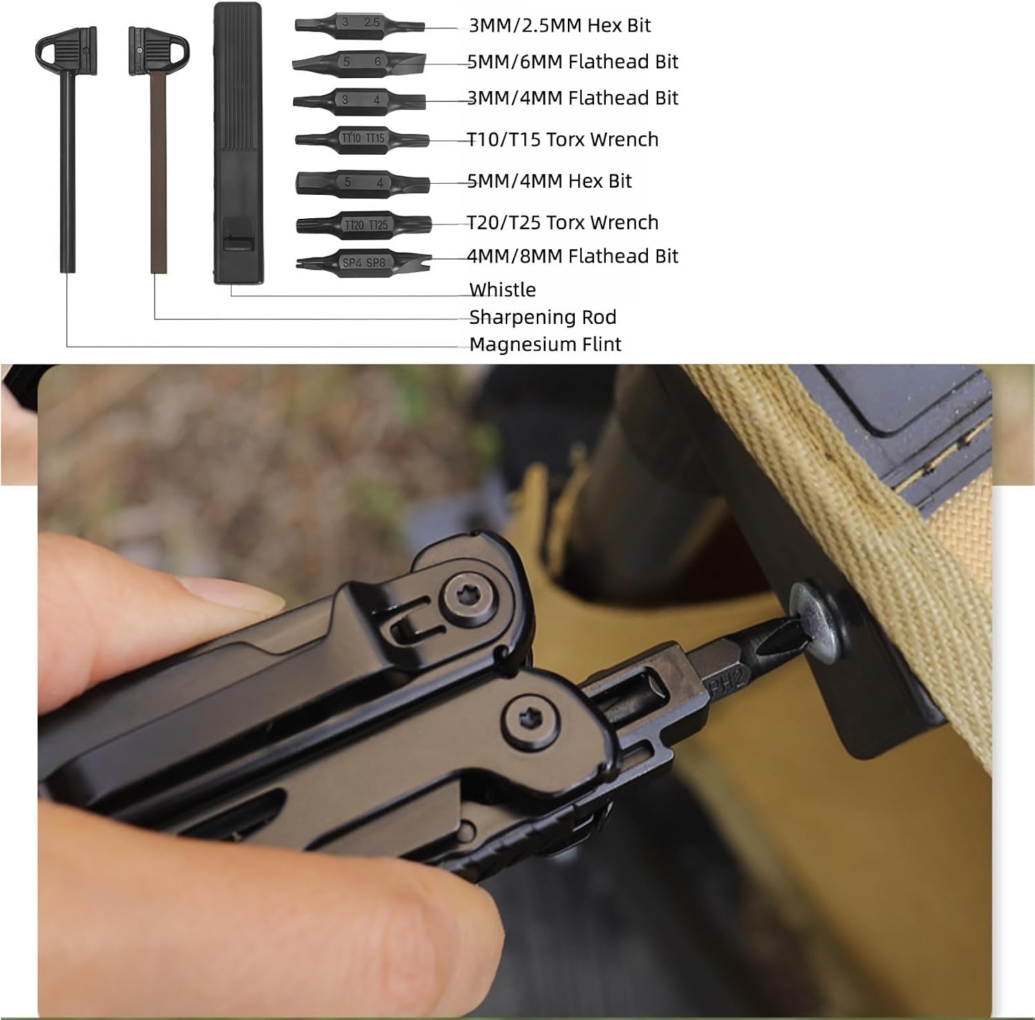 Multitool, 20-in-1 Full-Size, Lightweight EDC, Multi-Purpose Pliers, Pocket Knife, Tactical Gear, Nylon Bag, Tools, Gifts for Guys, Equipment for Emergencies, Hiking, and Outdoor Camping (Black)