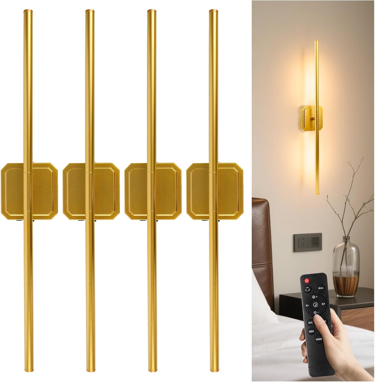 GvvooHome Battery Operated Wall Sconce Detachable 360°Rotate, Wireless Wall Lamp 3000-6500K Dimmable, 10000mAh Rechargeable Wall Light for Bedroom, Living Room，28.3' Black Gold 4 Pack