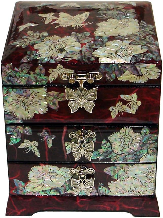 Antique Alive Mother of Pearl Inlay Design Jewelry Box, Wood Jewelry Box, Trinket Case, Keepsake Treasure Chest Box Organizer Holder (Flower)