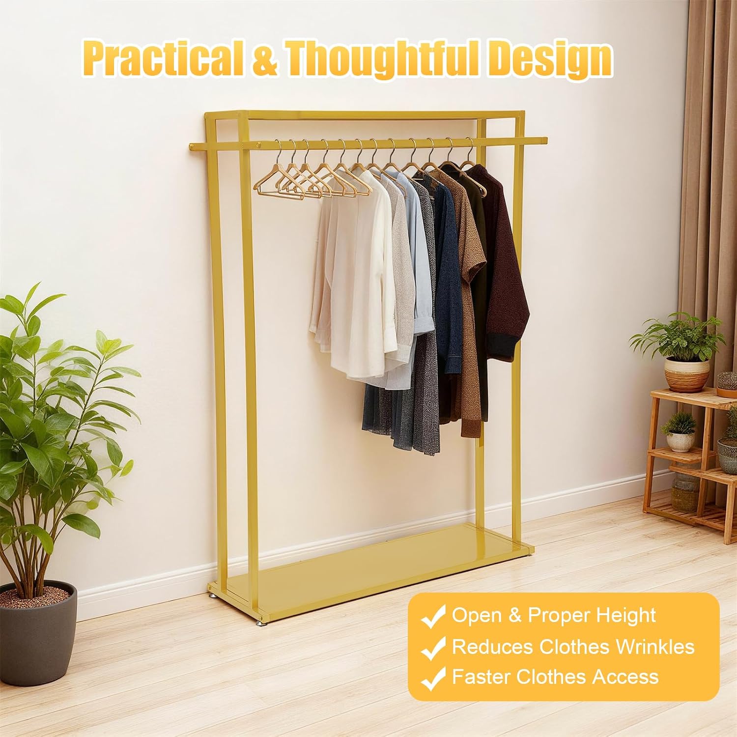 Gold Heavy Duty Clothing Rack Floor Standing Garment Rack Modern Clothes Metal Display Rack Double Hanging Rods Hangers for Wedding Clothes, Daily Home or Shop