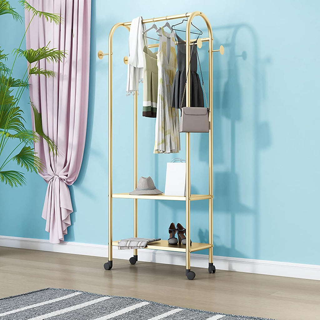 Garment Rack Heavy Duty Metal Rolling Garment Rack With Wheel, Retail Display Clothing Rack With 2 Tier Shelves And Hooks, Floor-Standing Wrought Iron Single Rod Coat Rac(Size:60x35x164CM,Color:Gold)