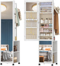 Hzuaneri 8 LEDs Jewelry Cabinet Armoire, 66.9-inch Jewelry Organizer with Garment Rack, Lockable Full-length Mirror with 4 Wheels, Storage Shelves with Hooks, 5-in-1, White and Beige JC17003BE