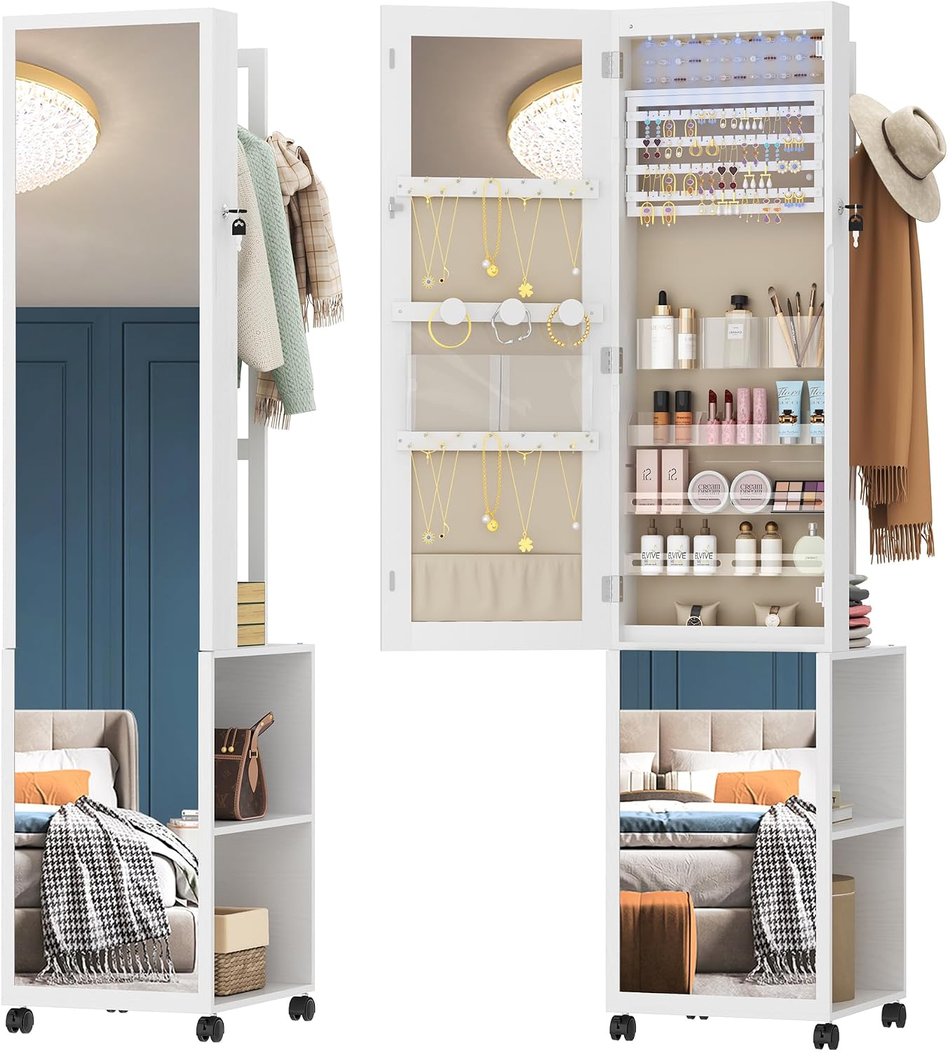 Hzuaneri 8 LEDs Jewelry Cabinet Armoire, 66.9-inch Jewelry Organizer with Garment Rack, Lockable Full-length Mirror with 4 Wheels, Storage Shelves with Hooks, 5-in-1, White and Beige JC17003BE