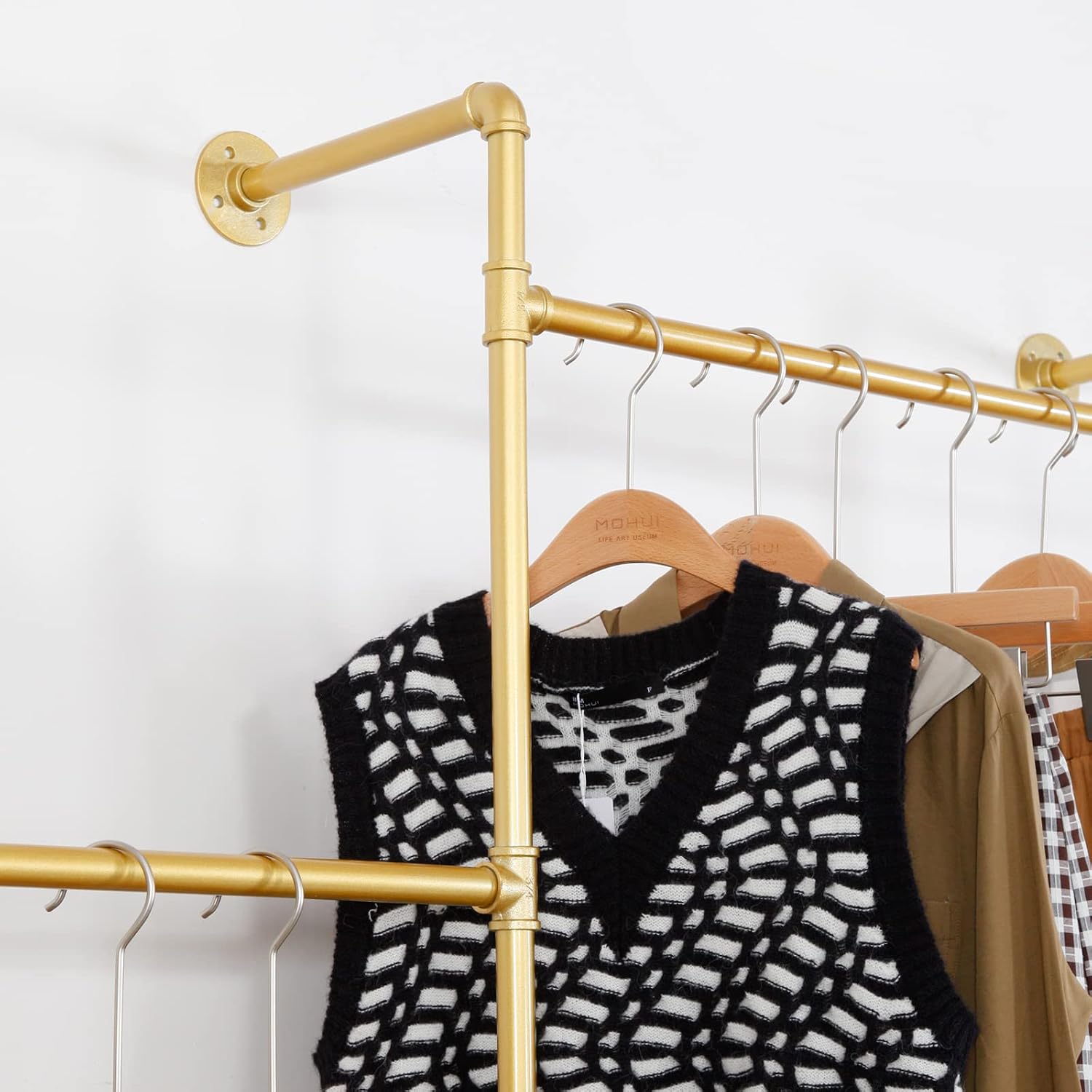 Industrial Style Wall Mounted Clothing Rack - Heavy Duty Pipe Garment Rack with Wood shelves, Multi-Functional Wardrobe System for Boutique/Closet,Gold (74.8' W x91.7 H)