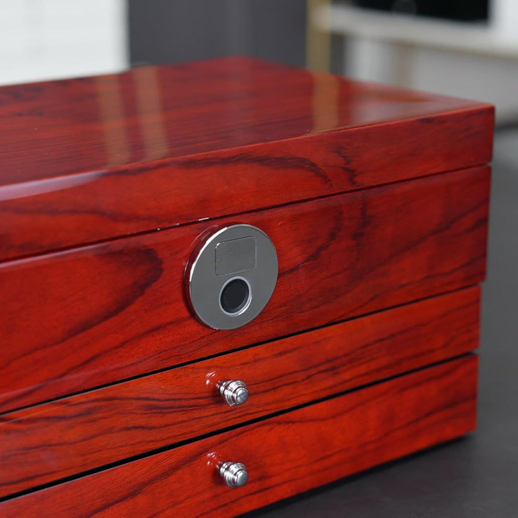 Wood Jewelry Box for Women, 3-layers Large Jewelry Storage Box&Organizer Fingerprint Lock, Drawers Full Locking, Mother Gifts (3L-RS)