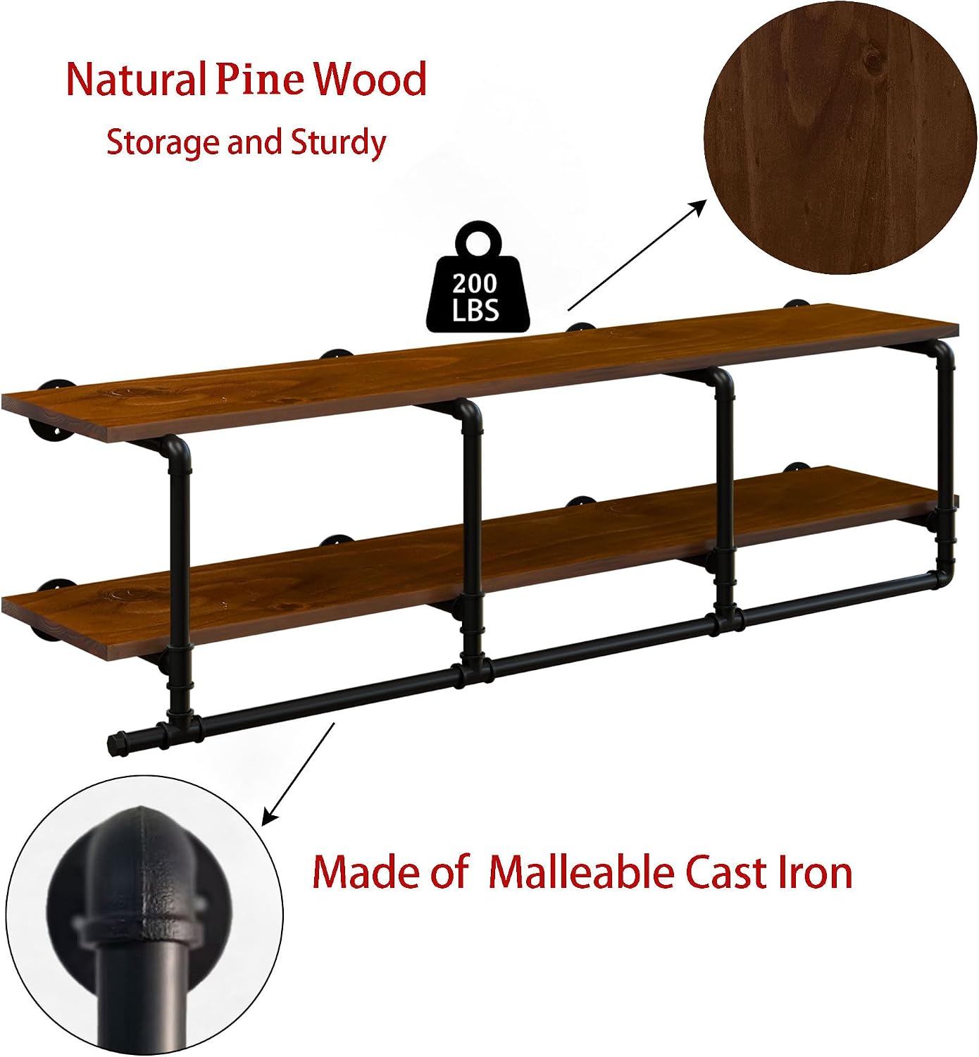 Wall Mounted Clothes Rack 12 Inch Deep, 60 Inch Heavy Duty Garment Rack with Real Walnut Wood Shelf, Multi-Purpose Hanging Rod & Space-Saving Closet Storage Organizer