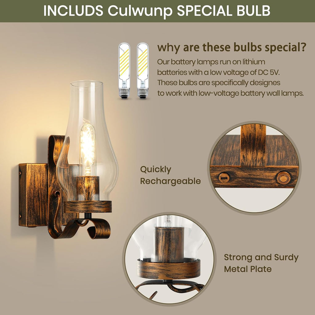 Battery Operated Wall Sconce, Rechargeable Rustic Wall Lights, Non-Hardwired Antique Kerosene Wall Lamps, Gold Vintage Bedside Wall Sconces with Remote Control for, Bedroom, Hallway etc