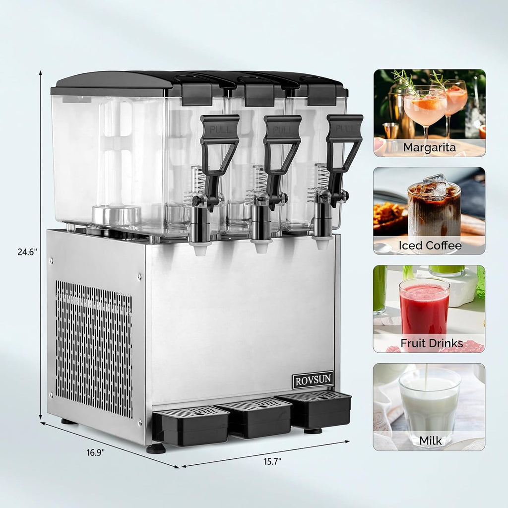 ROVSUN Commercial Juice Dispenser 2.6Gal X 3 Tanks, Cold Drink Dispenser Commercial Beverage Dispenser Stainless Steel with Thermostat Controller for Home Restaurant Bar Party 110V/60HZ