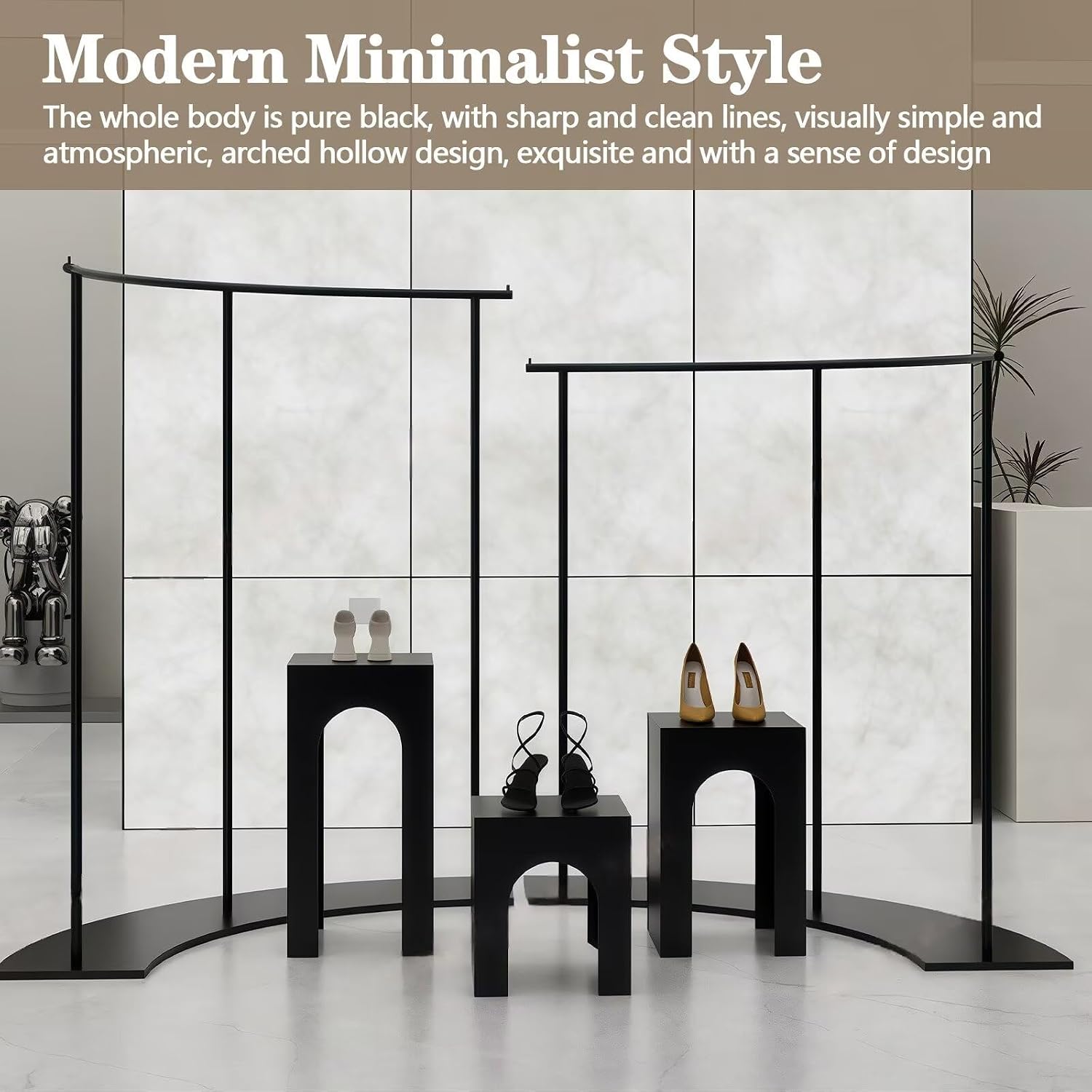 5-Piece Black Retail Clothing Rack Set - Sturdy Metal Garment Rack & Display Tables with Curved Modern Minimalist Design, for Boutique, Clothing Store
