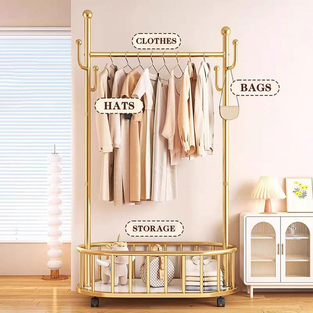 Gold Clothes Rack with Wheels, Heavy Duty Metal Rolling Clothes Rack with Basket, 68.5 Inch Movable Portable Tall Gold Garment Rack for Bedroom Living Room Entryway