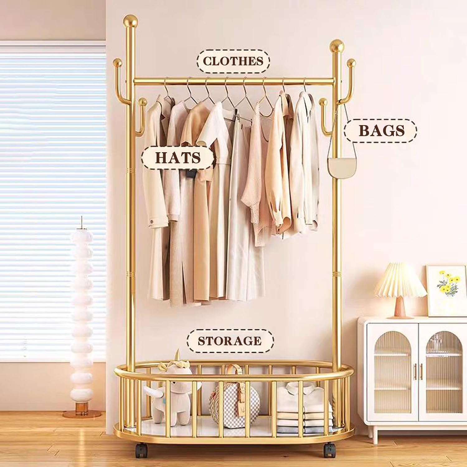 Gold Clothes Rack with Wheels, Heavy Duty Metal Rolling Clothes Rack with Basket, 68.5 Inch Movable Portable Tall Gold Garment Rack for Bedroom Living Room Entryway