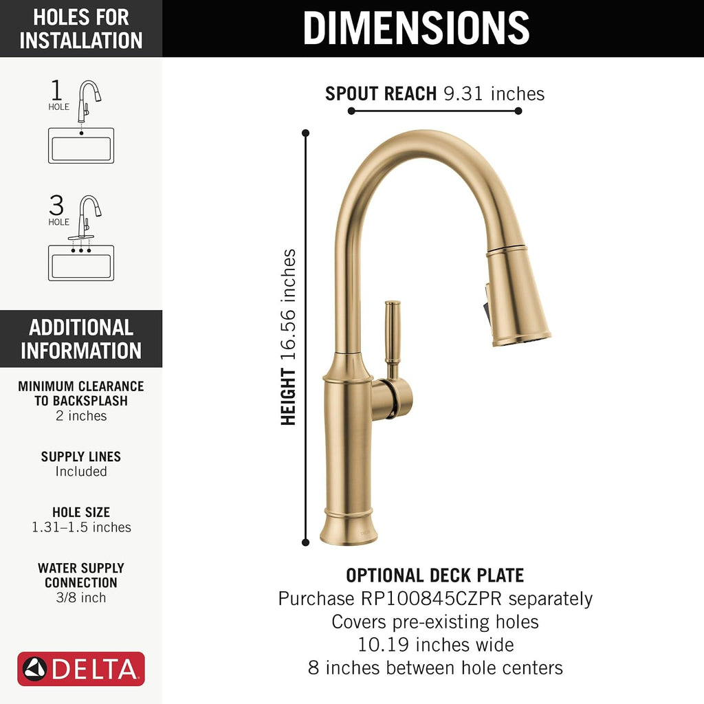 Delta Renaldi Kitchen Faucet with Pull Down Sprayer, Gold Kitchen Sink Faucet, Delta ProClean Kitchen Faucet, Pull Down Kitchen Faucet, Lumicoat Champagne Bronze 9184-CZ-PR-DST