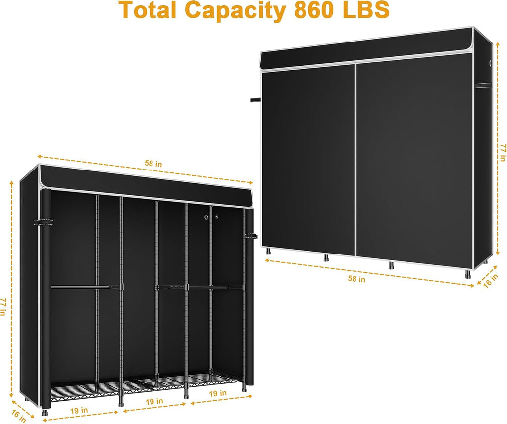 ULIFHOME E14C Heavy Duty Closet Organizer System，Freestanding Clothing Racks for Hanging Clothes，Adjustable Garment Rack 58' W × 16' D × 77' H Hold 860 lbs，Black Rack with Black Dustproof Cover