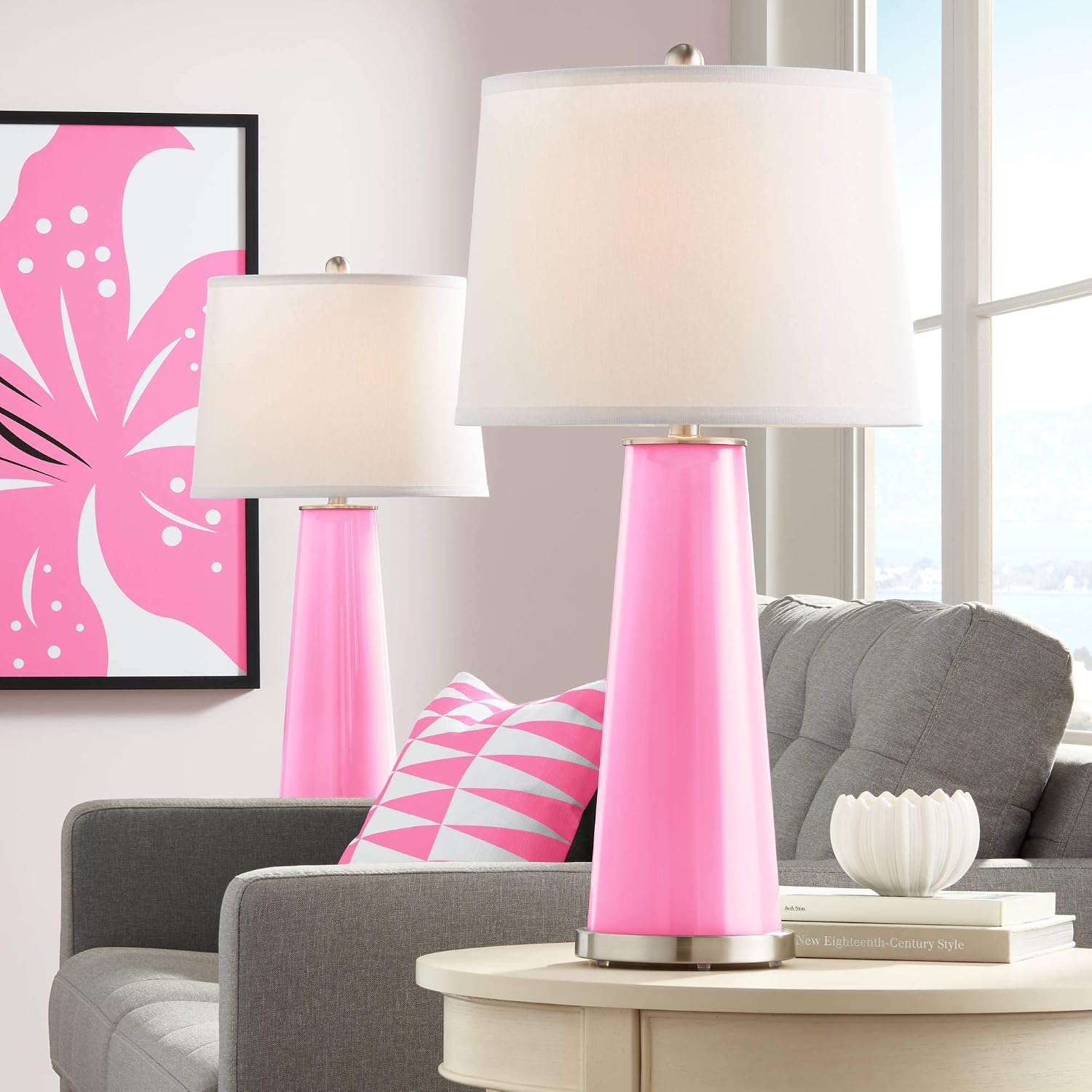 Color + Plus Leo Modern Table Lamps 29 1/2' Tall Set of 2 Candy Pink Glass Tapered Column Plain White Drum Shade Decor for Bedroom Living Room House Home Bedside Nightstand Office Family