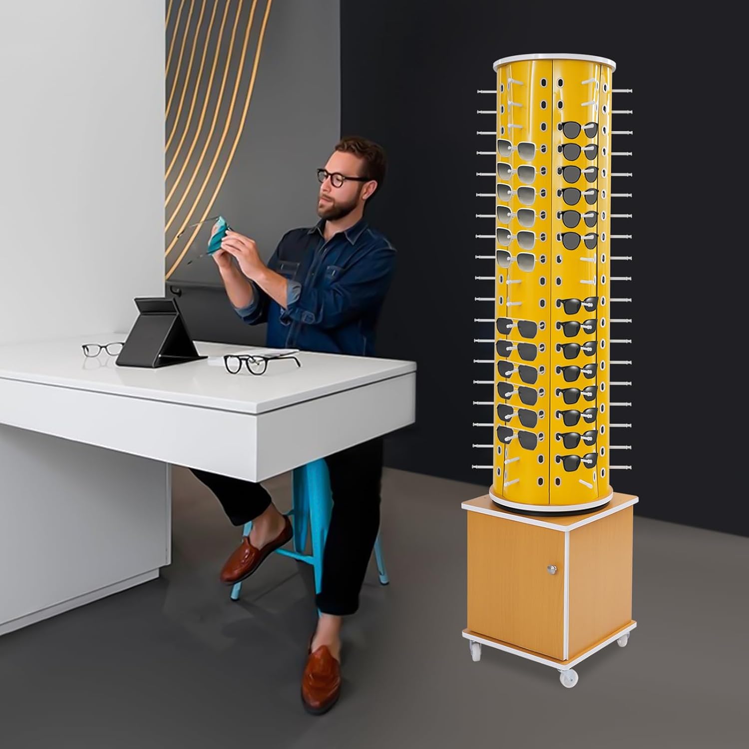 Glasses Display Stand, 114-Pair Eyewear Storage Rack for Sunglasses & Reading Glasses, 360°Swivel Commercial Eyeglass Organizer for Optical Shop, Jewelry Store, Retail Display (Yellow)