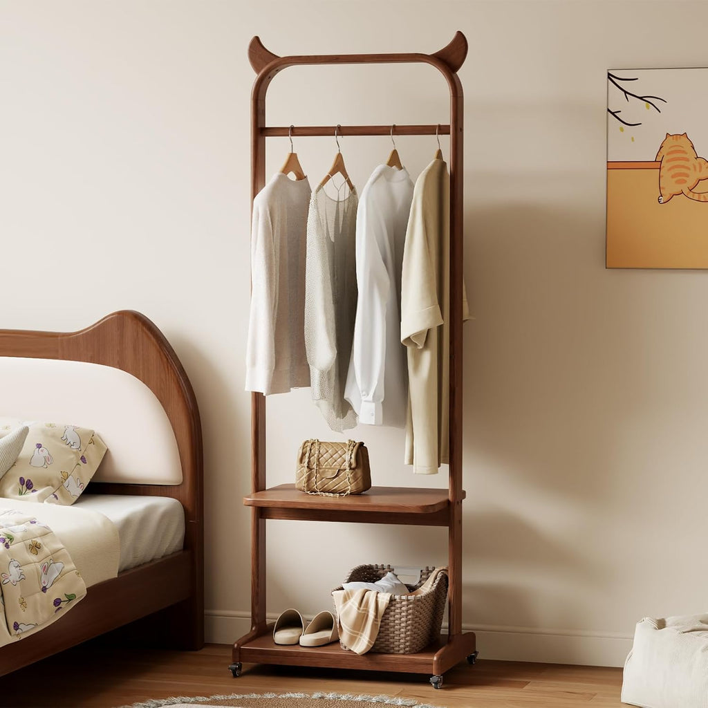 Solid Wood Clothing Racks with Shelves, Rolling Clothes Rack for Hanging Clothes Load 300 LBS, Portable Garment Rack with Wheels for Small Space (Walnut)