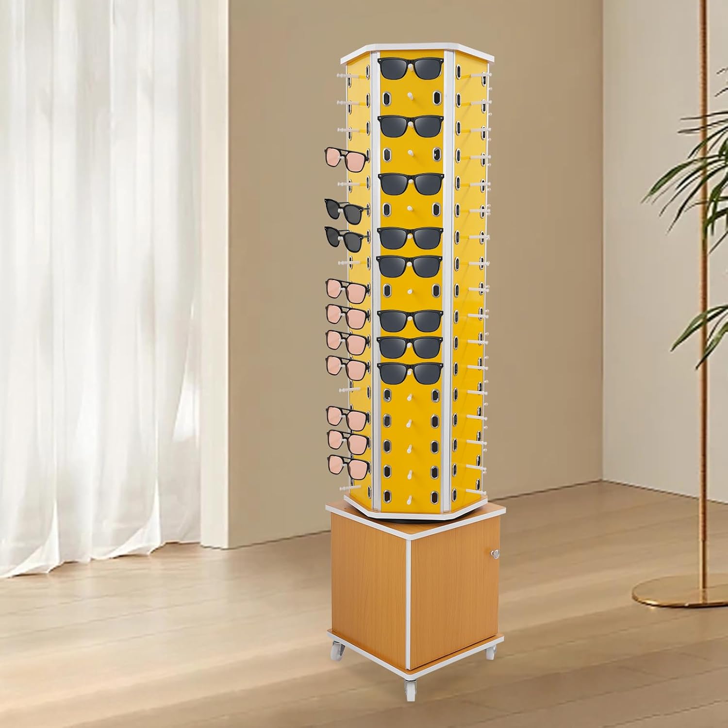 102 Pairs Rotating Glasses Display Stand, Eyewear Storage Organizer with Cabinet & Wheels, Commercial Sunglasses Display Rack, Optical Shop Glasses Holder (Yellow)