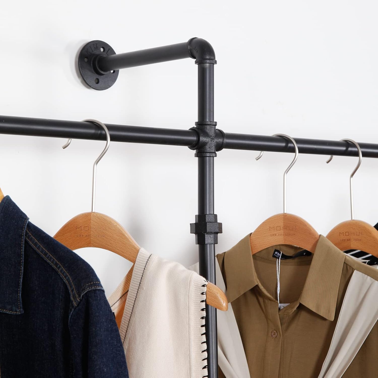 Modern Simple Industrial Pipe Clothing Rack, Display Stand Wall Mounted Clothes Garment Rack Heavy Duty Hanging Clothes Rods Bar for Closet Storage, 134in Black