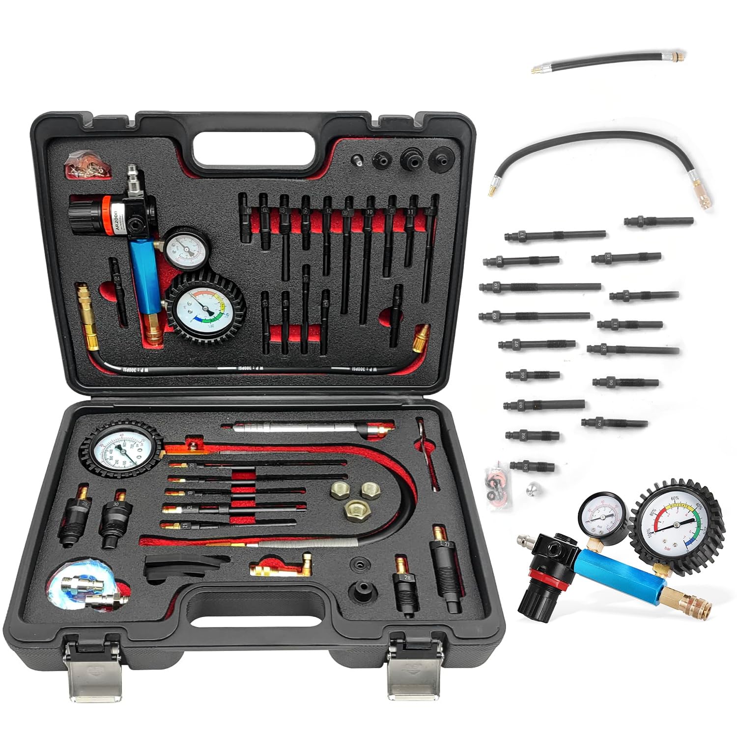 Compression and Leakage Test Kit 47PCS Petrol & Diesel Engine Compression Tester Automotive Cylinder Leak Down Tester Kit with Dual Gauge Engine Compression Tester Kit for HDi, TDCi, Pumpe Duse Engine