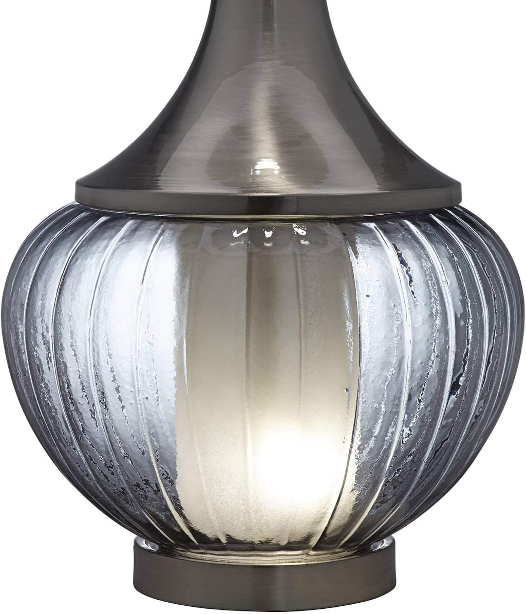 360 Lighting Courtney Modern Table Lamps 28 1/2' Tall Set of 2 with Night Light Brushed Nickel Ribbed Glass White Linen Drum Shade for Bedroom Living Room House Bedside Nightstand Office