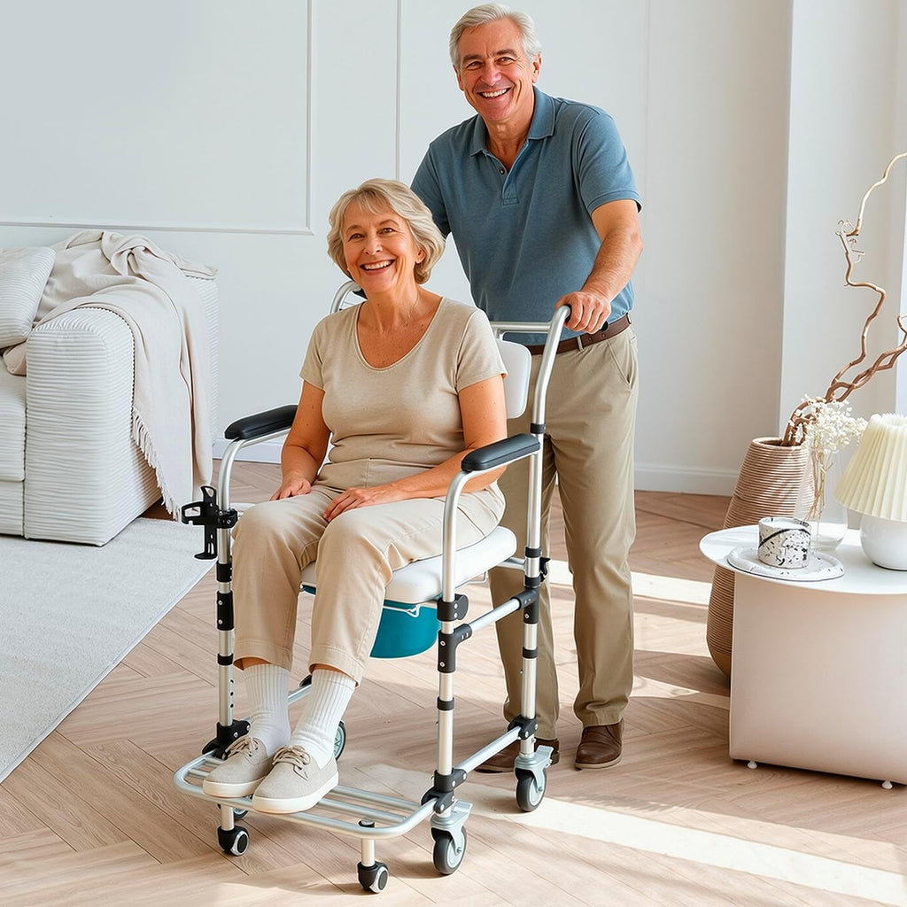 Upgraded 4-in-1 Bedside Commode Chair with Handles, 3-Level Height Adjustable Shower Wheelchair for Elderly, Anti-Tipping Rollout Footrest Transport Toilet Chair, Padded Seat, White
