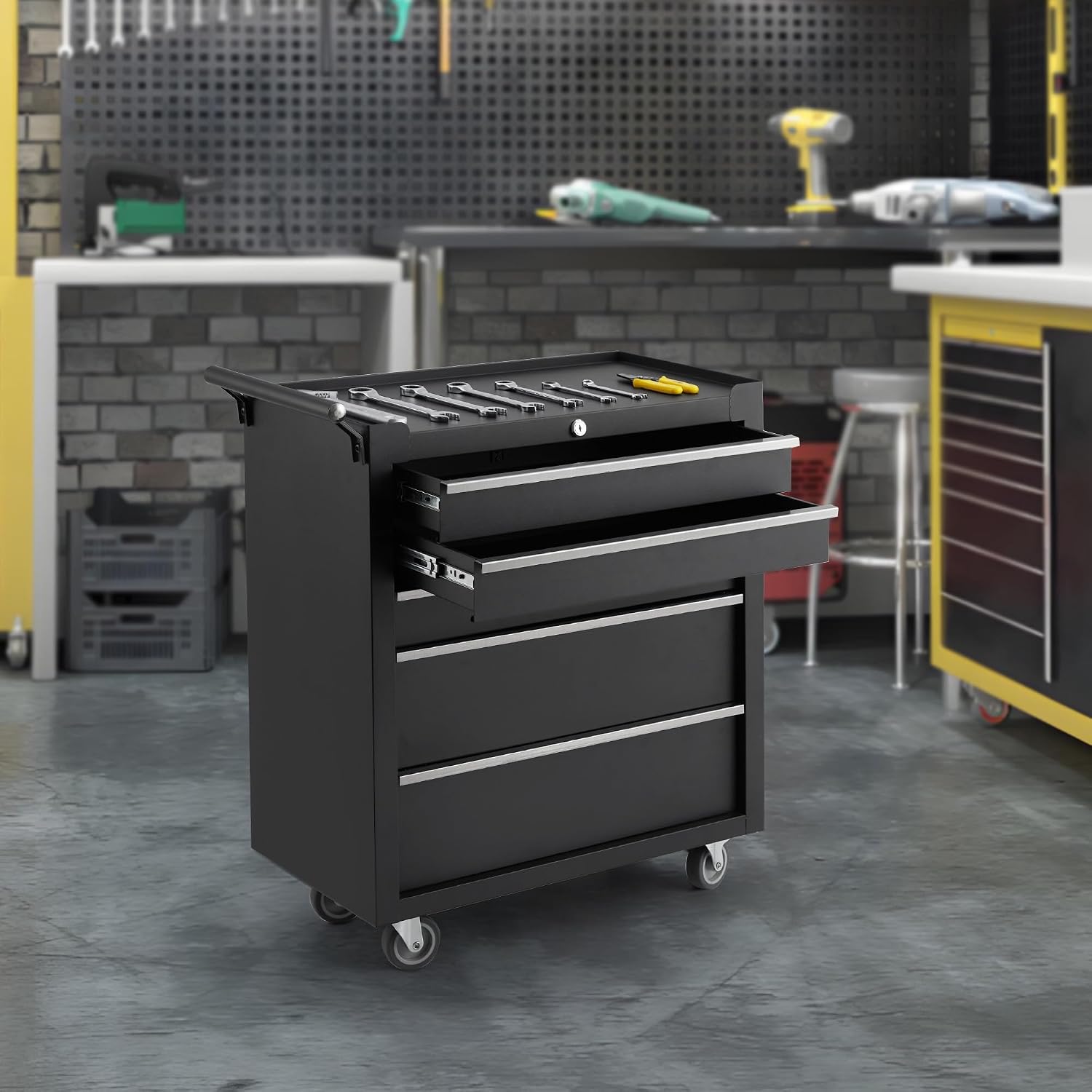 Professional 24 Inch 5-Drawer Tool Chest on Wheels, Constructed with Durable Cold-Rolled Steel, Features 4 Swivel Locking Casters & Full-Extension Drawer Slides, Mobile Tool Storage for Mechanics and