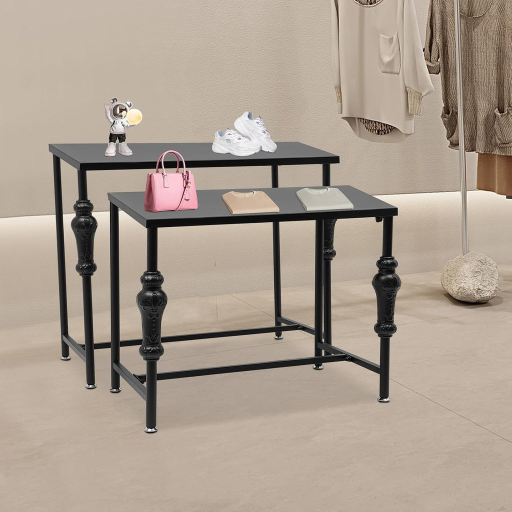 Standing Clothing Shoes Display Rack, 2 Tier Retro Unit Storage Shelves，Metal Handbag Display Stand, Industrial Retail Display Tables with Adjustable Feet, for Retail & Clothing Stores