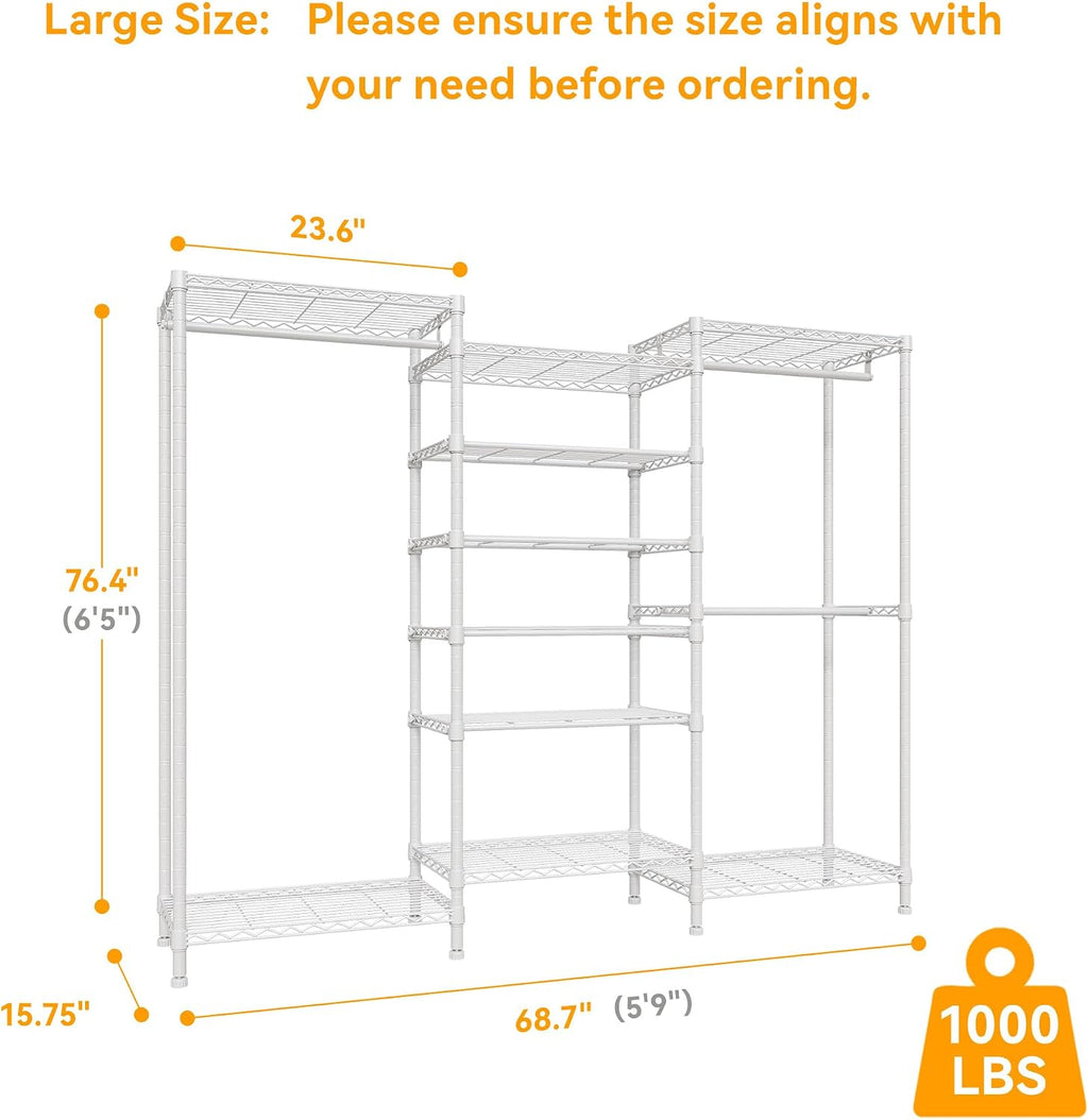 Higeego H12 Heavy Duty Clothes Rack with Adjustable 5-Tier Shoe Rack, Metal Clothing Racks for Hanging Clothes, Freestanding Shoe Organizer Large Garment Racks, 15.7' D x 68.7' W x 76.4' H, White