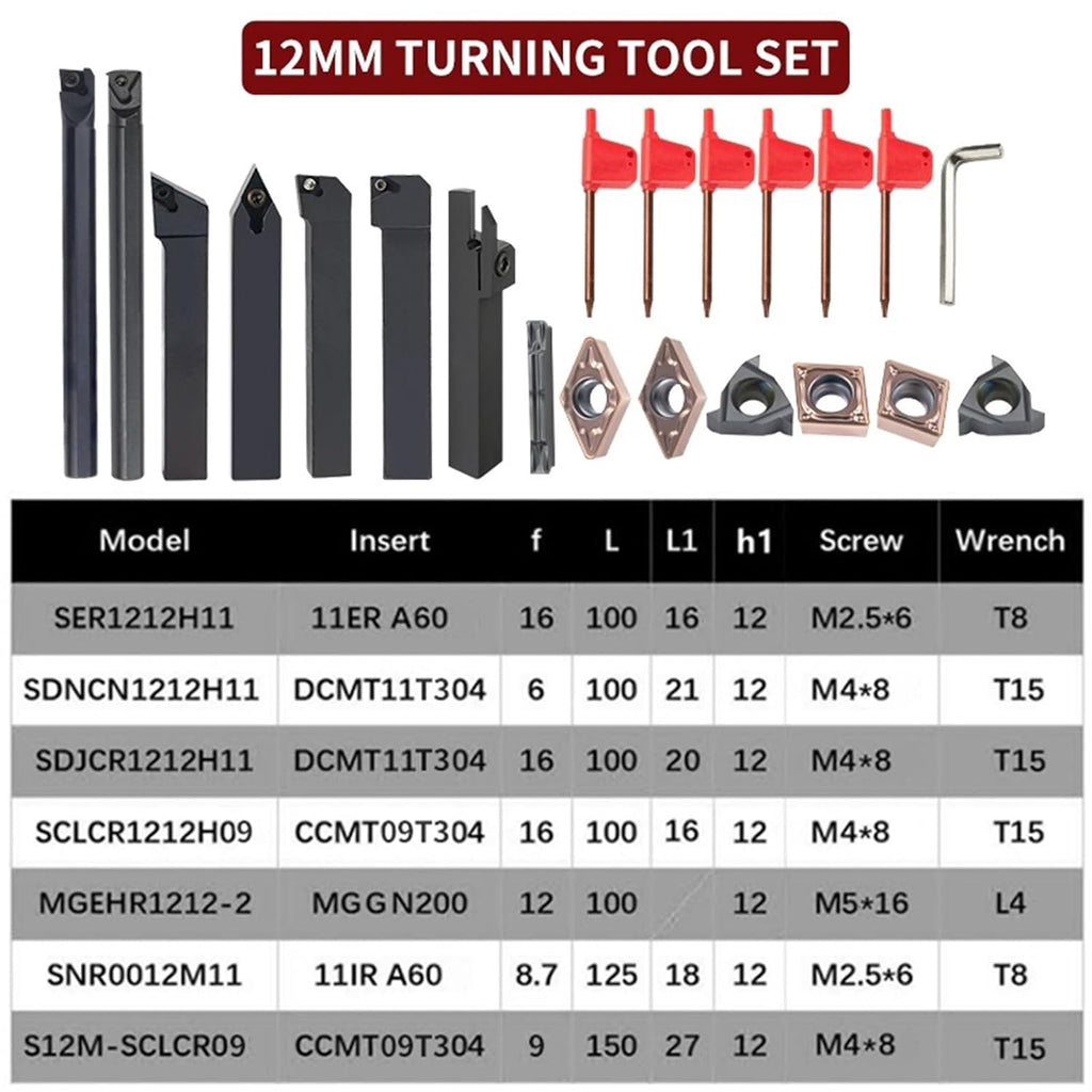 10/12/16MM Turning Tool Sets MGEHR SDJCR SDNCN SCLCR SER SNR Lathe Boring Bar with 7PCS Carbide Insert CNC Cutting Holder(16MM Set 1)