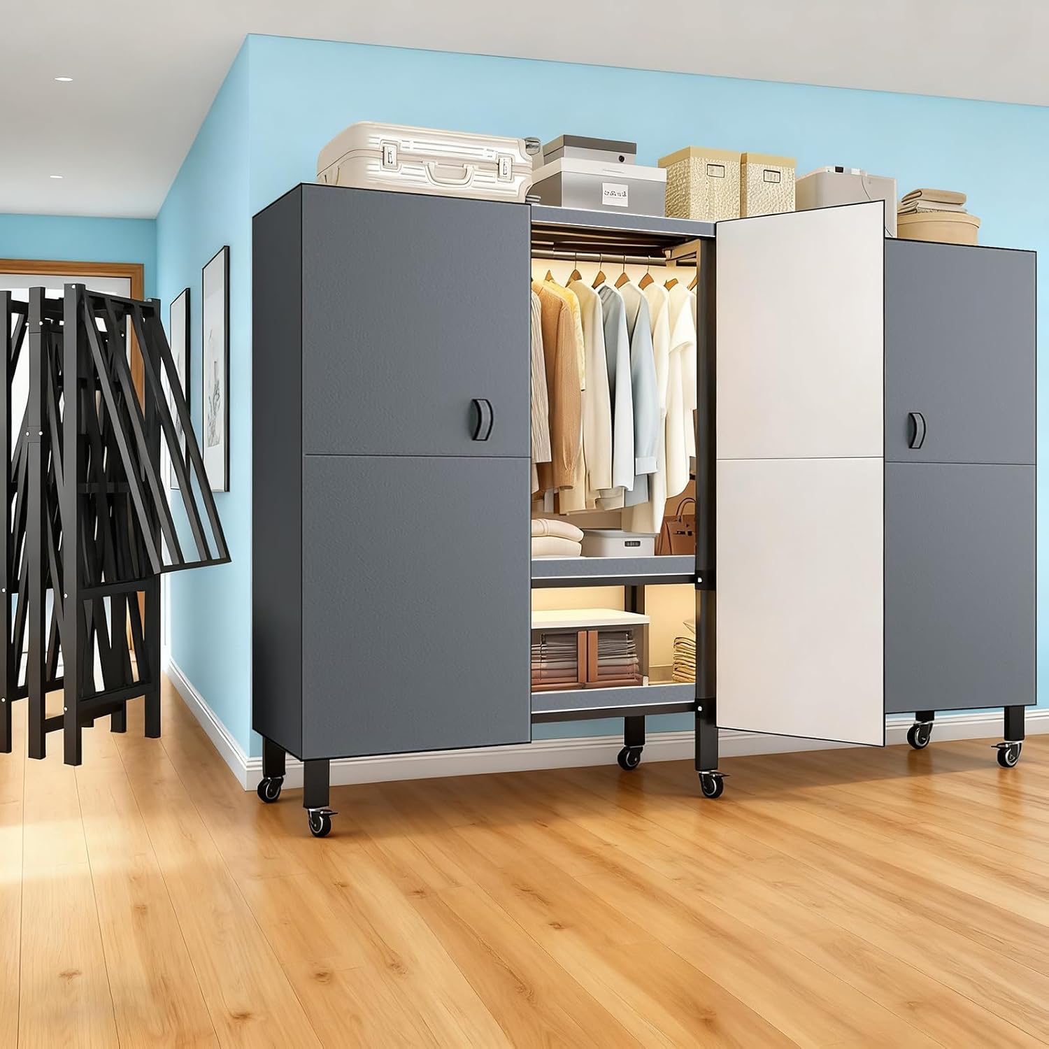 Foldable Portable Armoire Wardrobe Closet for Hanging Clothes Rack, Heavy Duty Covered Clothes Rack with Cover(HARDBOARD Magnetic), Closet Garment Rack for Bedroom Storage (KT Grey, 59.05in)