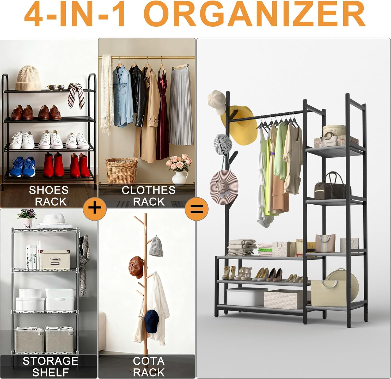 4 in 1 Freestanding Closet Organizer with Clothes Rack & Shoes Rack & 5 Side Shelves, Heavy Duty Wood Clothing Rack for Hanging Clothes, Multi-functional Wardrobe Closet for Entryway/Bedroom- Back