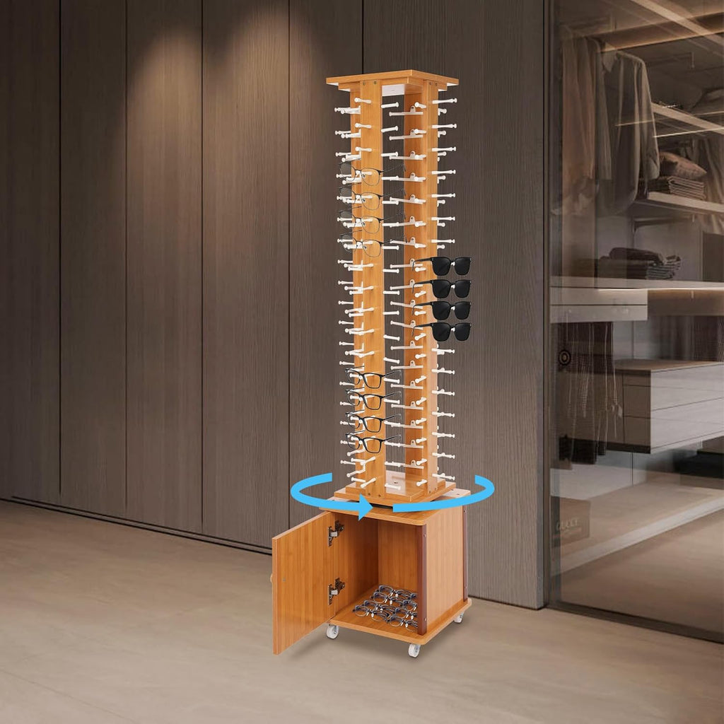 72 Pairs Glasses Sunglasses Display Stand, 360° Rotating Glasses Storage Display Rack with Cabinet, Floor Sunglasses Display Rack with Wheels, 66.14in Height with Wheels (Light Log Color)