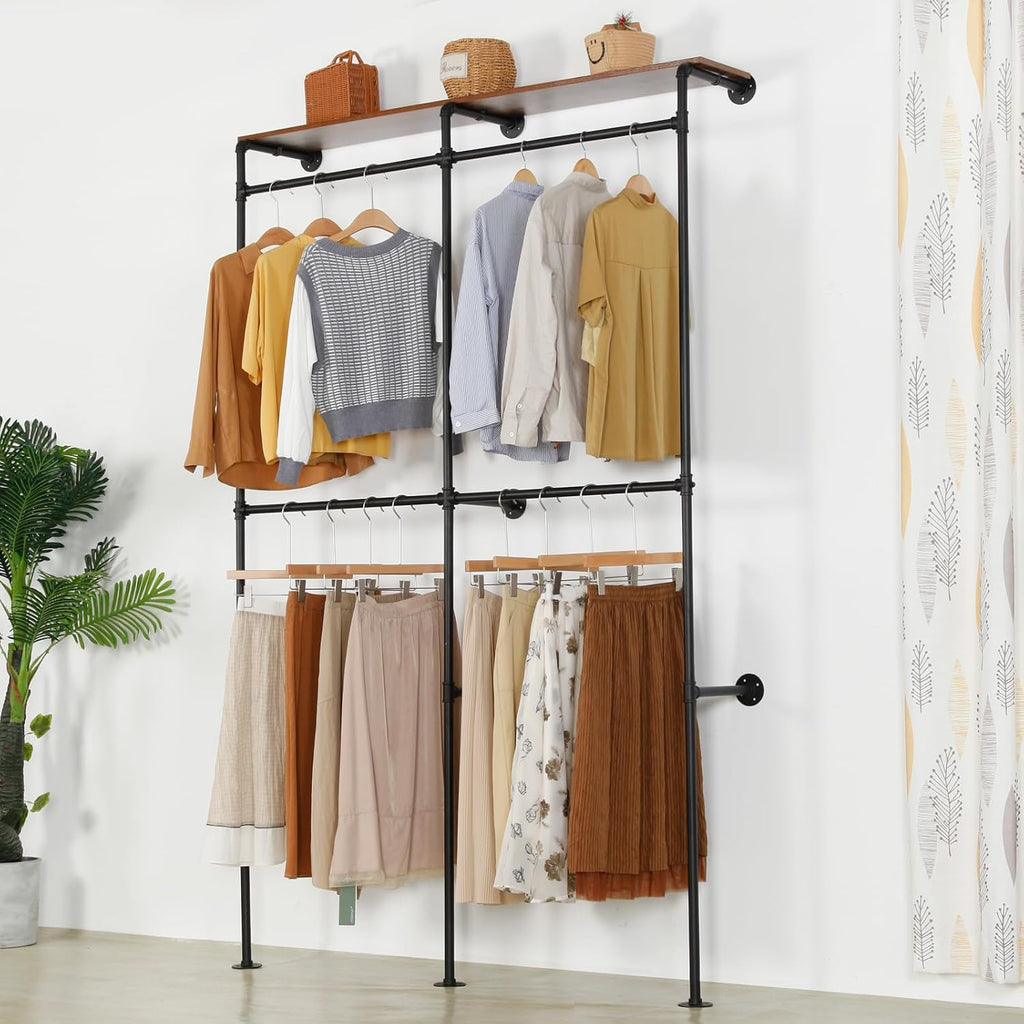 Garment Rack Heavy Duty Racks, Modern Simple Industrial Pipe Double Hanging Rods Clothing with Shelves, Freestanding Portable Wardrobe Closet Rack for Hanging Clothes, 93in Black