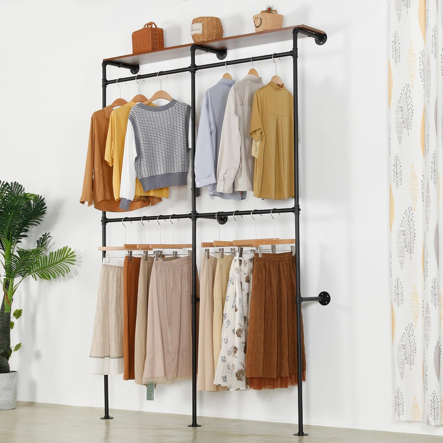 Garment Rack Heavy Duty Racks, Modern Simple Industrial Pipe Double Hanging Rods Clothing with Shelves, Freestanding Portable Wardrobe Closet Rack for Hanging Clothes, 93in Black