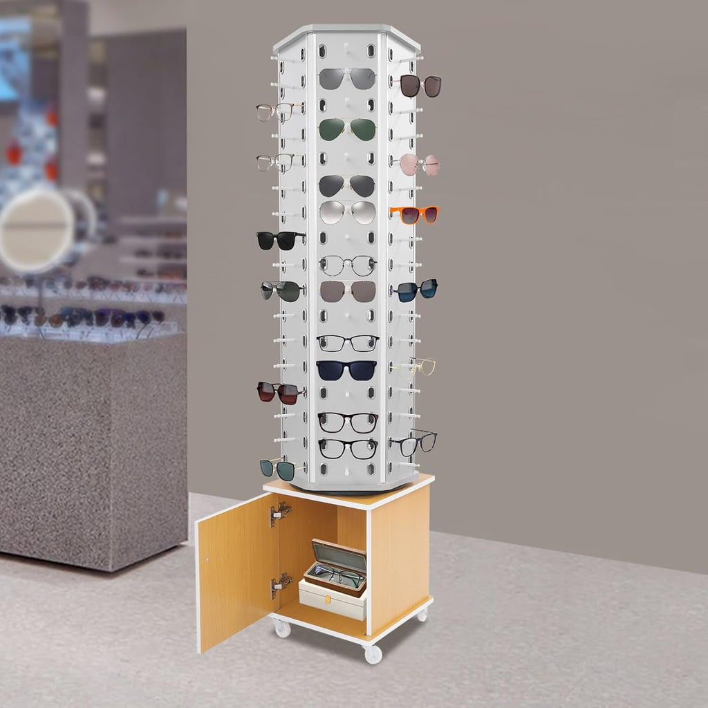 102 Pairs Rotating Glasses Display Stand, Eyewear Storage Organizer with Cabinet & Wheels, Commercial Sunglasses Display Rack, Optical Shop Glasses Holder (Silver+Yellow)