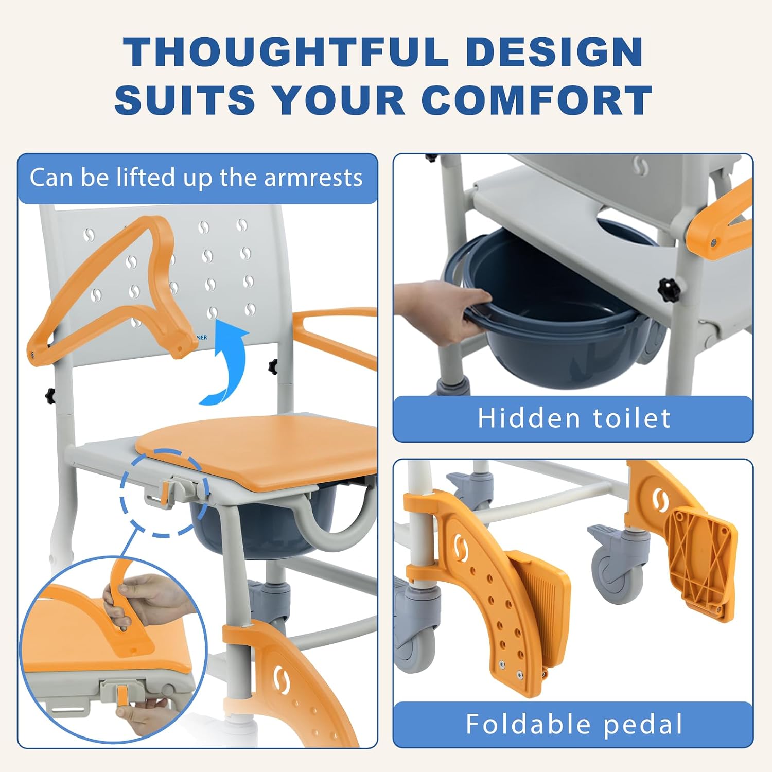 4-in-1 Rolling Shower Commode Chair with Drop Arms & Locking Casters, Anti-Tilt Heavy Duty Bedside Safety Seat for Elderly, High-Visibility Orange, 350lbs Capacity